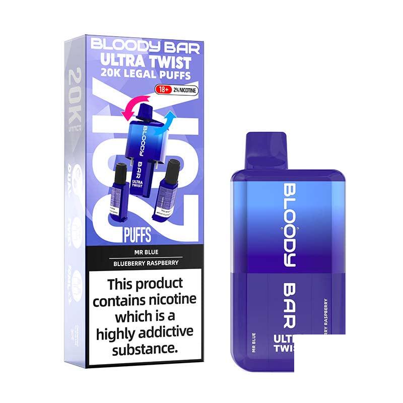 Bloody Bar Ultra Twist 20000 Legal Big Puff Device - Mr Blue & Blueberry Raspberry 20mg Legal Big Puff Device Bloody Bar