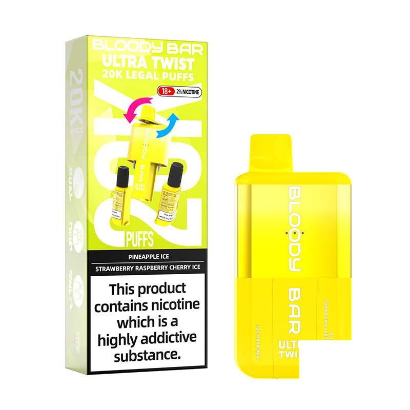 Bloody Bar Ultra Twist 20000 Legal Big Puff Device - Pineapple Ice & Strawberry Raspberry Cherry Ice 20mg Legal Big Puff Device Bloody Bar